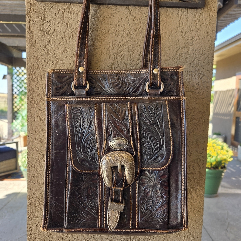 American West Hand Tooled Leather Handbag Made in Paraguay Vintage